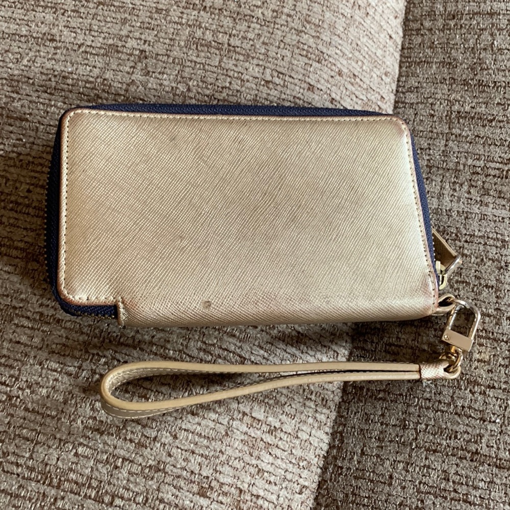 Gold faux cross hatch textured zip up wallet w wrist strap mini purse